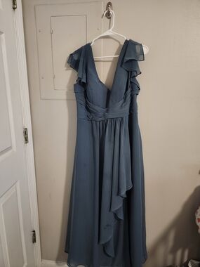 Azazie Slate Blue Ruffled Sleeve V-Neck Maxi Dress
